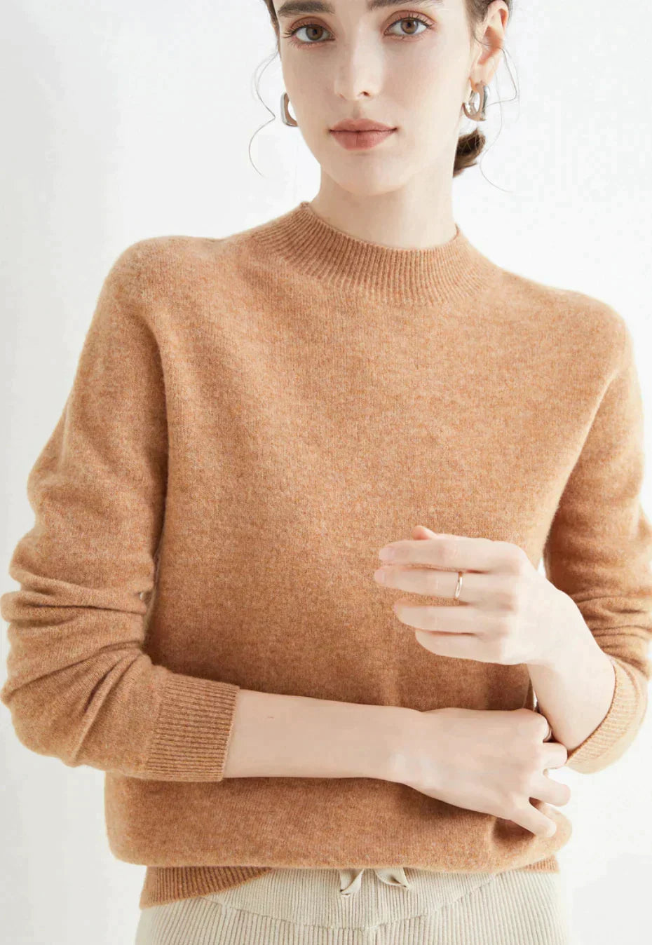 Women's Knitted Roll Neck Jumper with Long Sleeves - Camel Brown