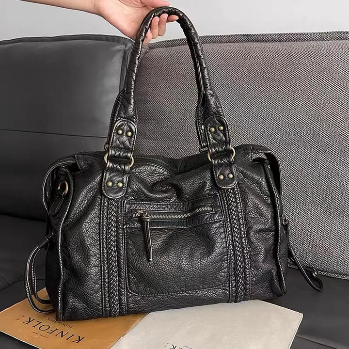 Women's Black Leather Handbag with Zippered Pockets