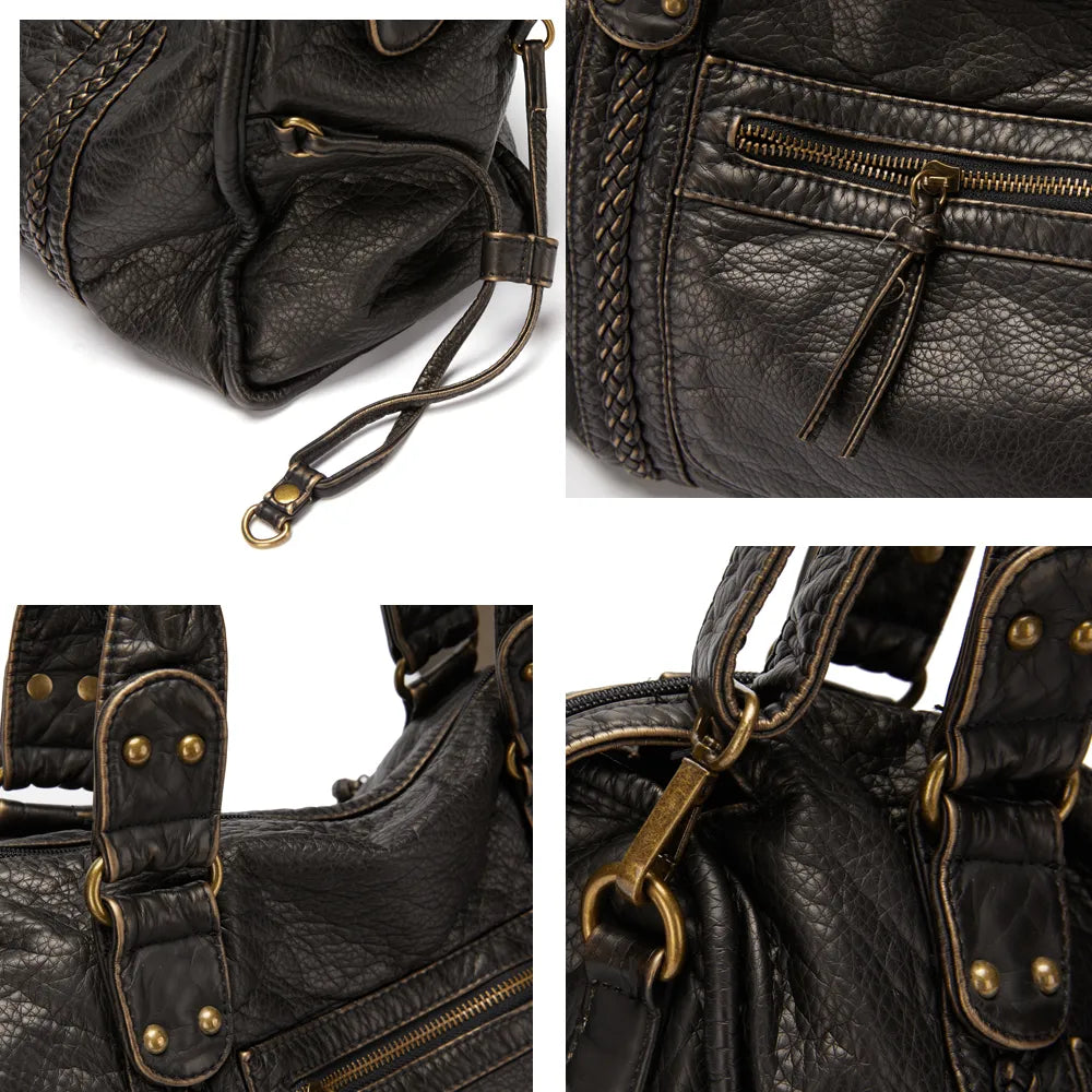 Women's Black Leather Handbag with Zippered Pockets