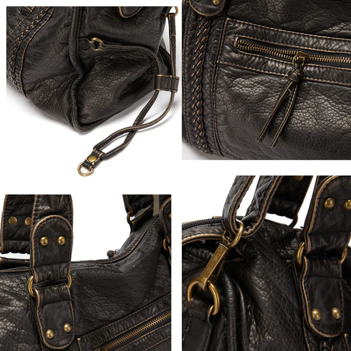 Women's Black Leather Handbag with Zippered Pockets