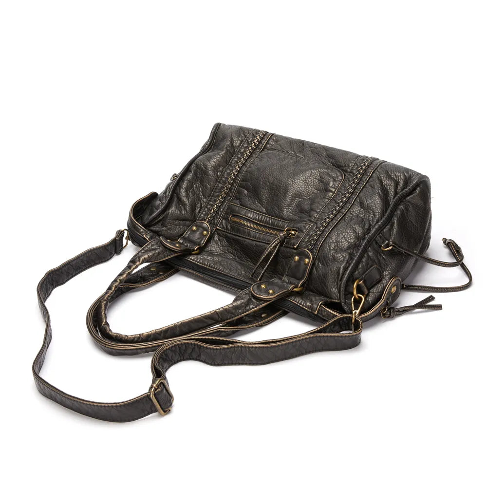 Women's Black Leather Handbag with Zippered Pockets