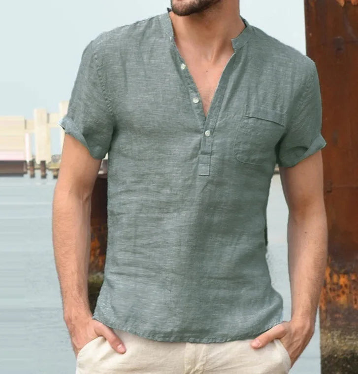 Men's Short Sleeve Linen Shirt with a V-Neckline