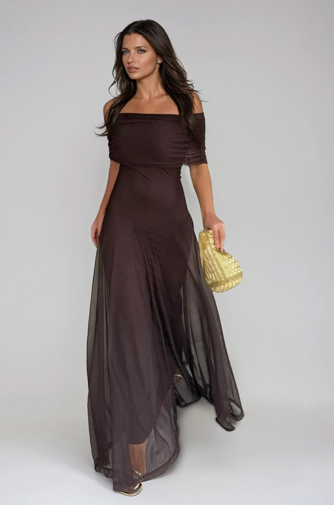 Elegant Women's Maxi Wedding Guest Dress with Mesh Overlay