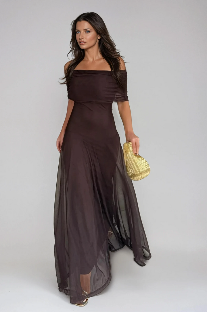 Elegant Women's Maxi Wedding Guest Dress with Mesh Overlay