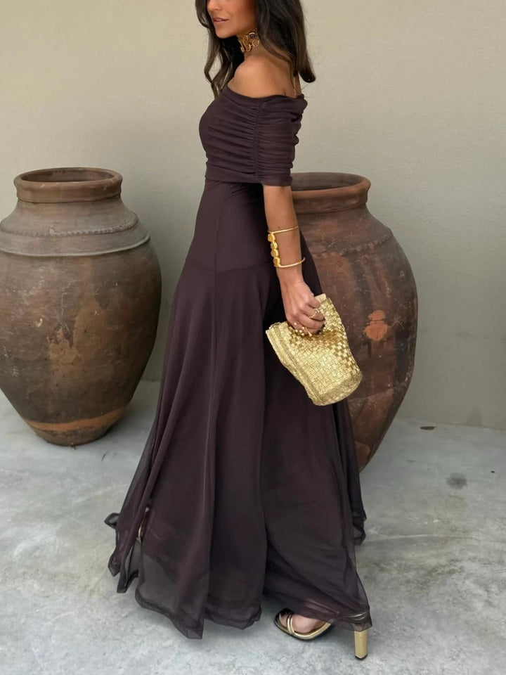 Elegant Women's Maxi Wedding Guest Dress with Mesh Overlay