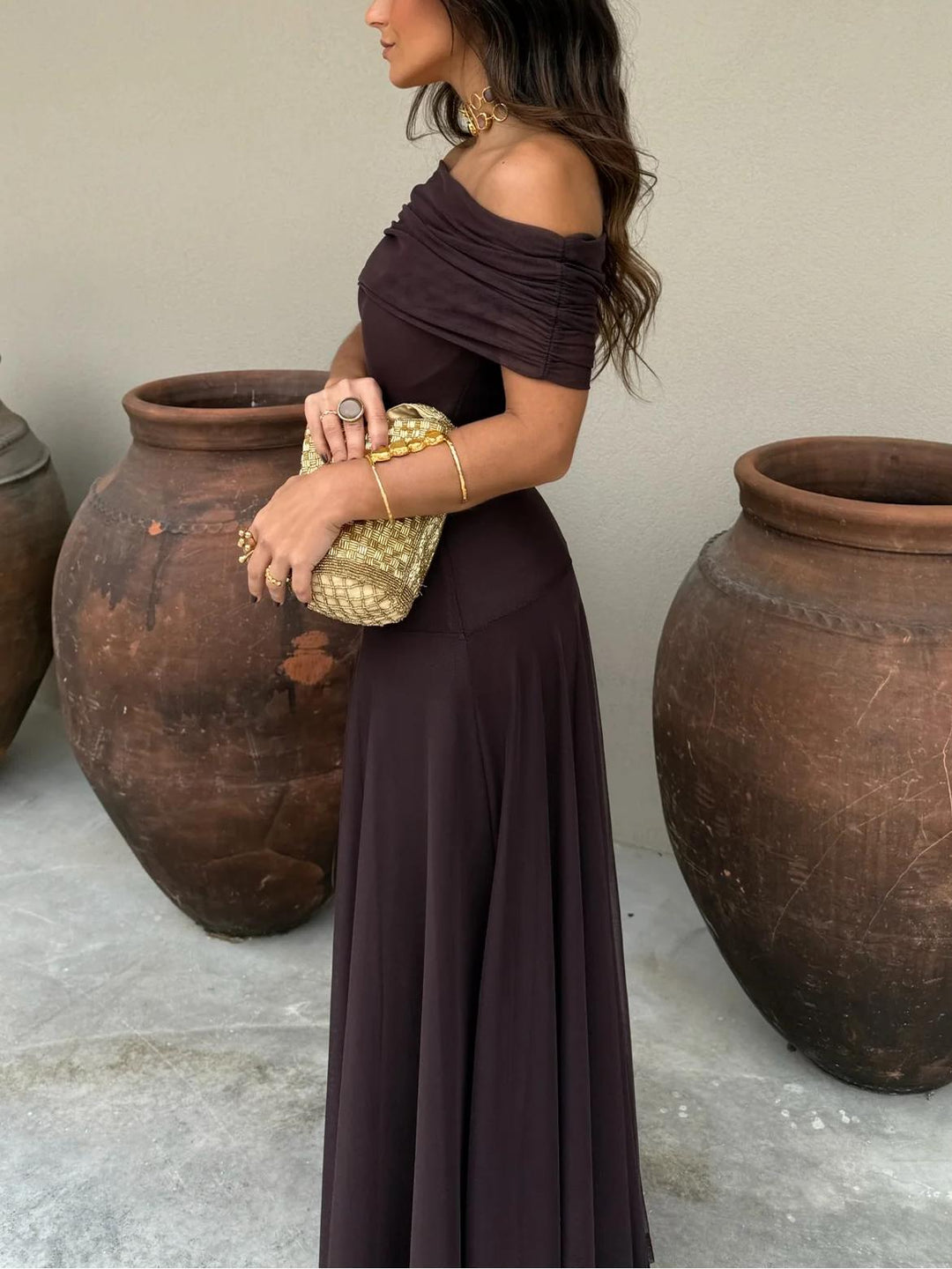 Elegant Women's Maxi Wedding Guest Dress with Mesh Overlay