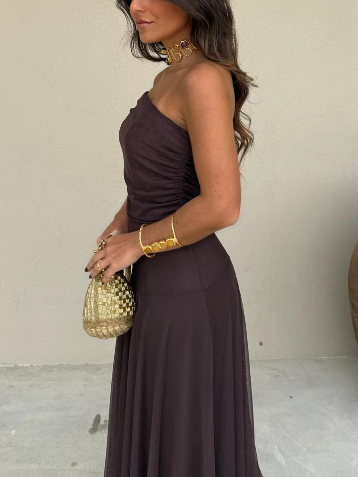 Elegant Women's Maxi Wedding Guest Dress with Mesh Overlay