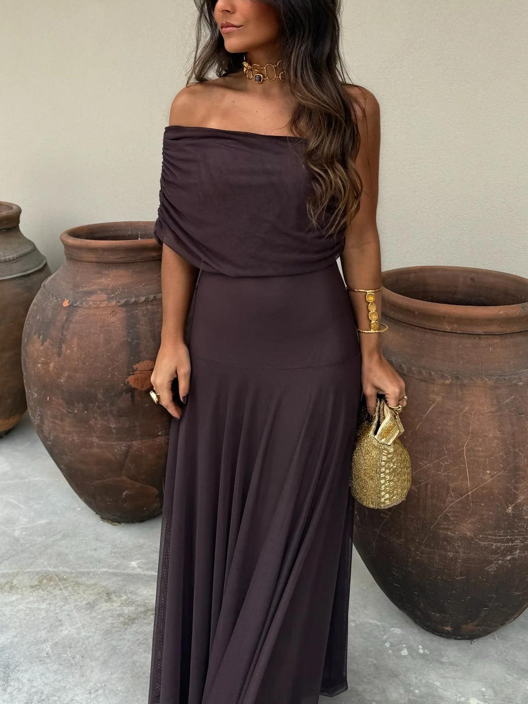 Elegant Women's Maxi Wedding Guest Dress with Mesh Overlay
