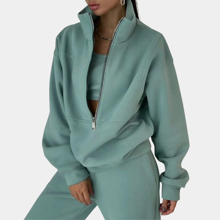 Women's Fleece Long Sleeve Two-Piece Set with Pockets and a Zip – Green