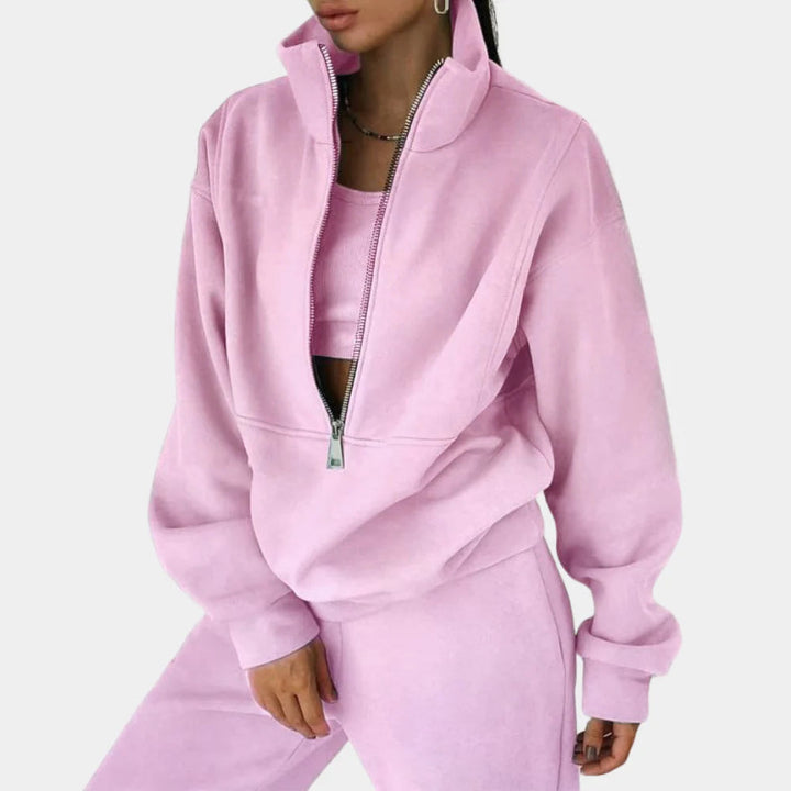 Women's Fleece Long Sleeve Two-Piece Set with Pockets and a Zip – Pink