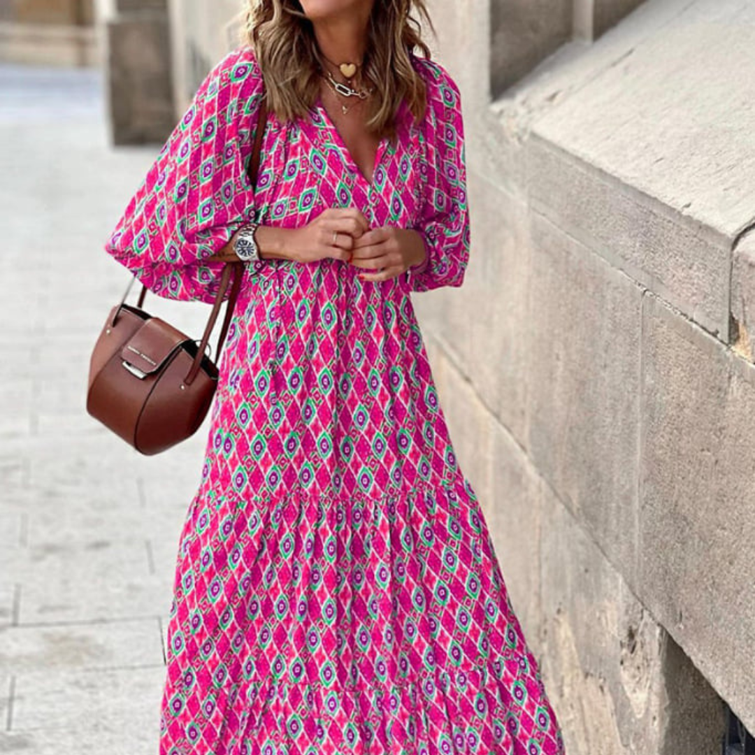 Flora - Women's Puff Sleeve Boho Printed V-Neck Maxi Dress