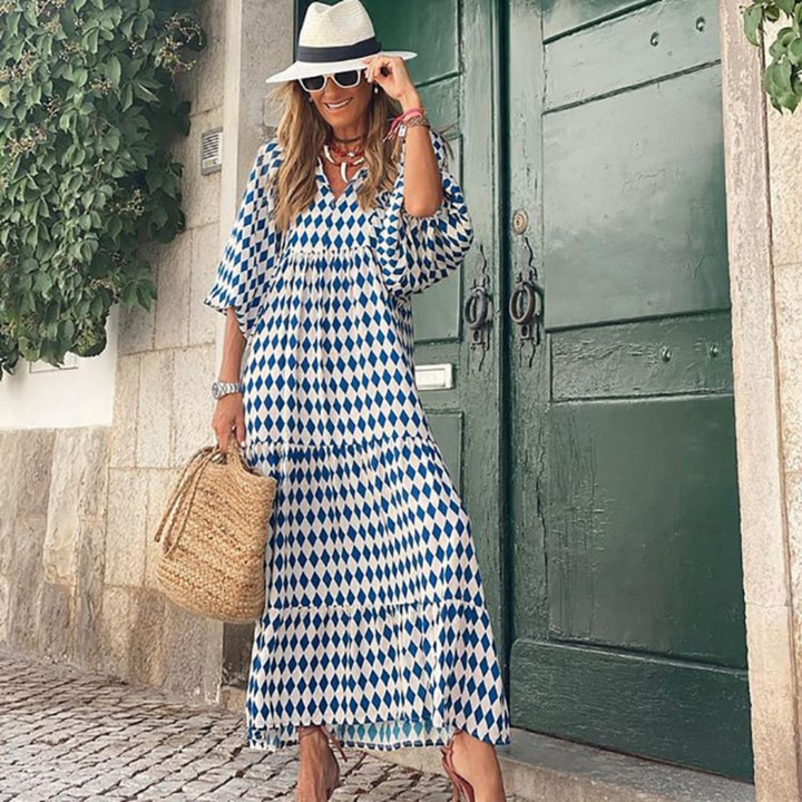 Flora - Women's Puff Sleeve Boho Printed V-Neck Maxi Dress
