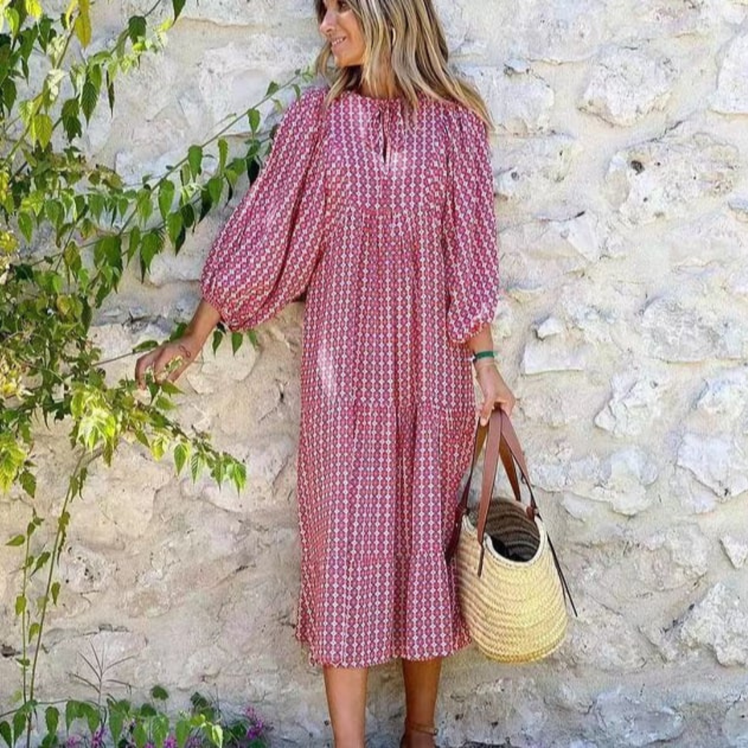 Flora - Women's Puff Sleeve Boho Printed V-Neck Maxi Dress