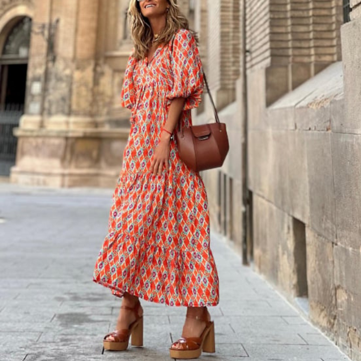 Flora - Women's Puff Sleeve Boho Printed V-Neck Maxi Dress
