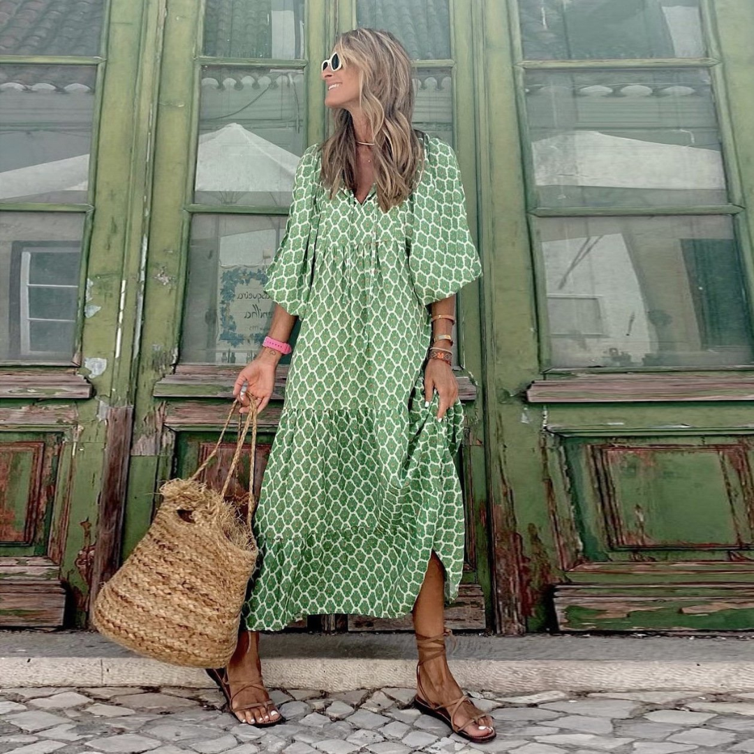 Flora - Women's Puff Sleeve Boho Printed V-Neck Maxi Dress