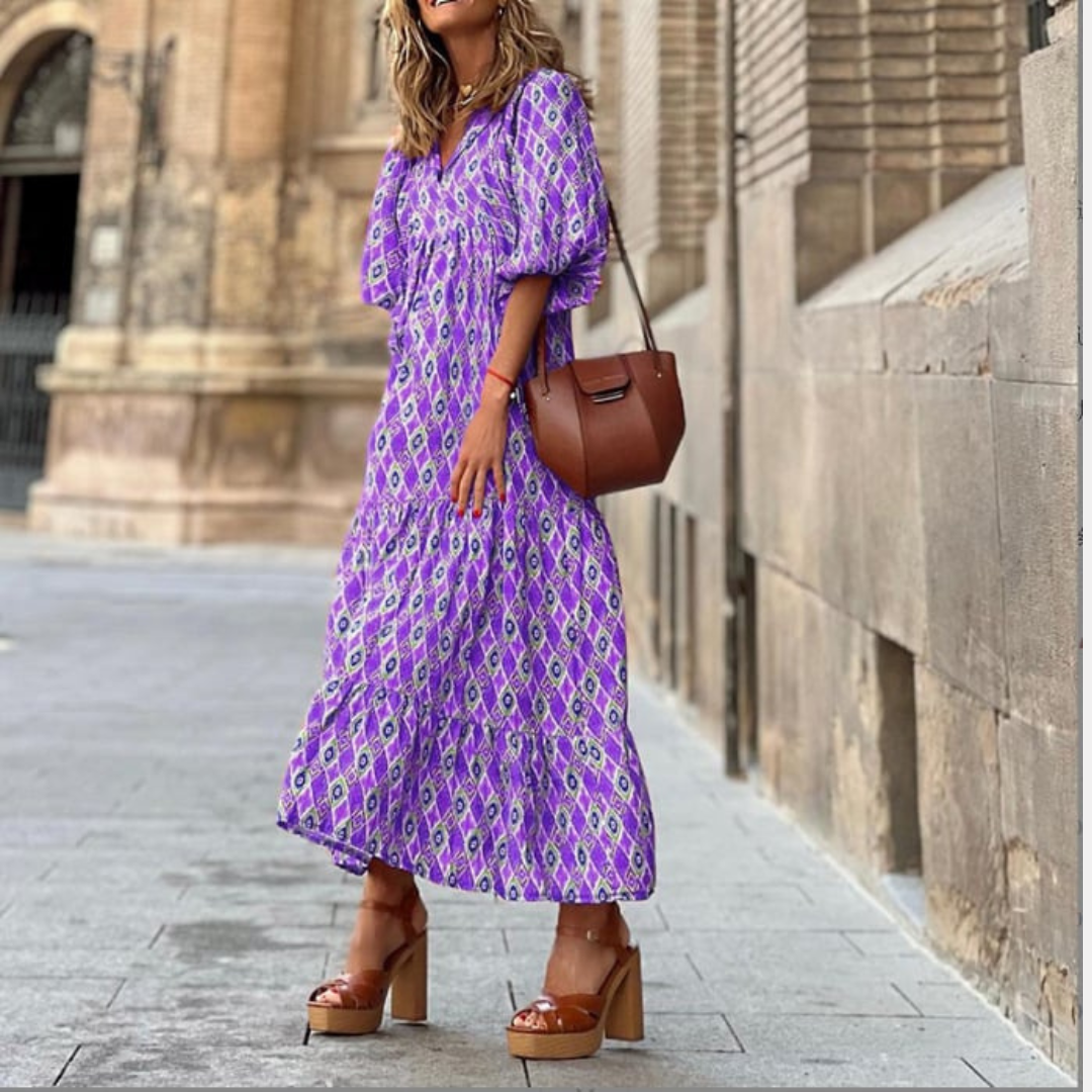 Flora - Women's Puff Sleeve Boho Printed V-Neck Maxi Dress