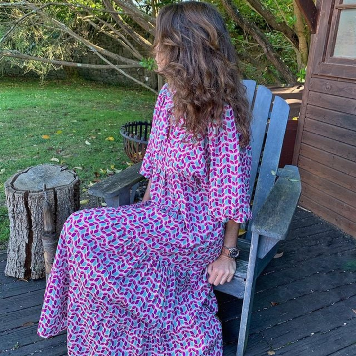 Flora - Women's Puff Sleeve Boho Printed V-Neck Maxi Dress