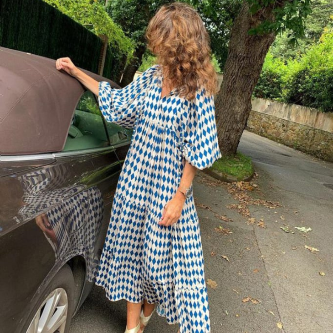 Flora - Women's Puff Sleeve Boho Printed V-Neck Maxi Dress