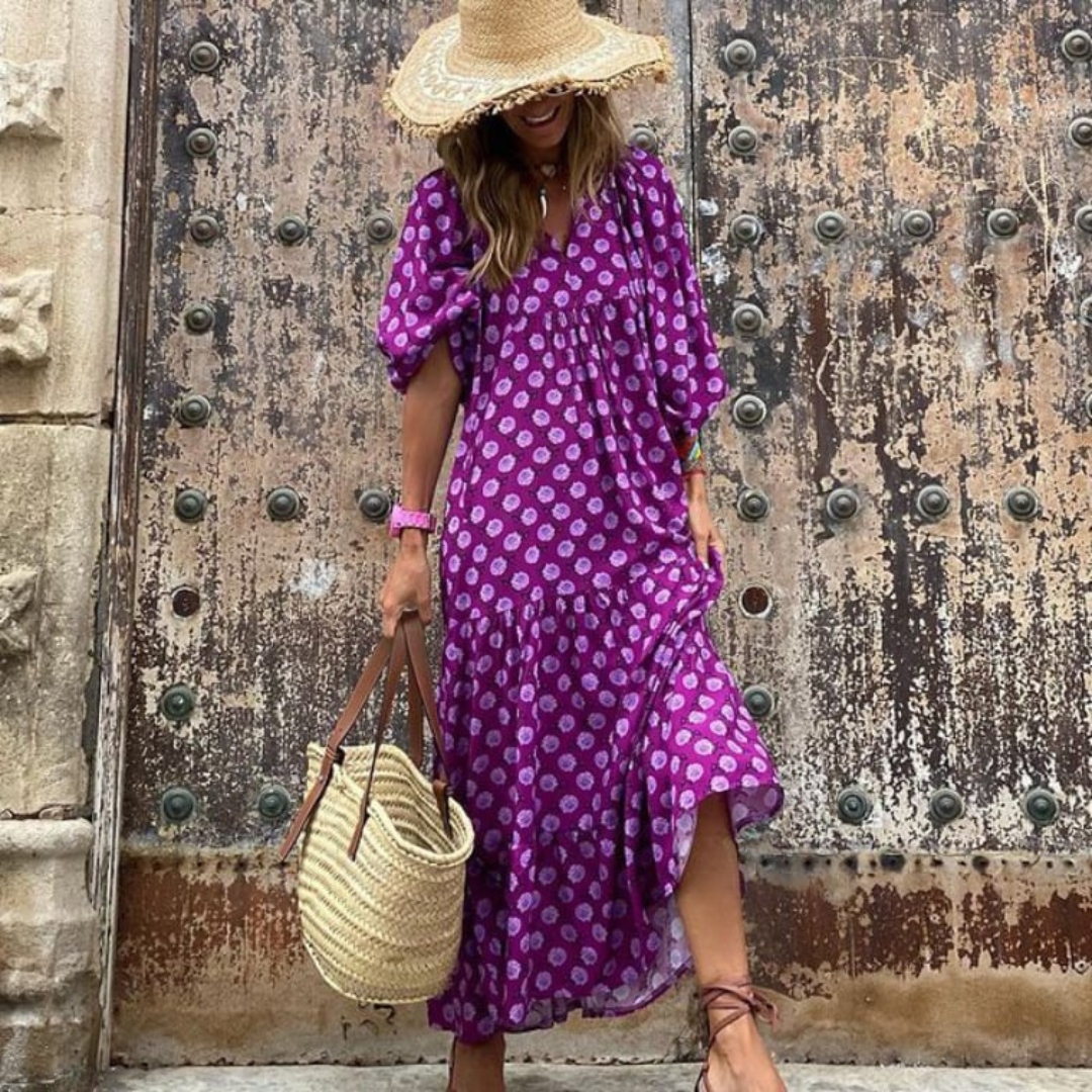Flora - Women's Puff Sleeve Boho Printed V-Neck Maxi Dress