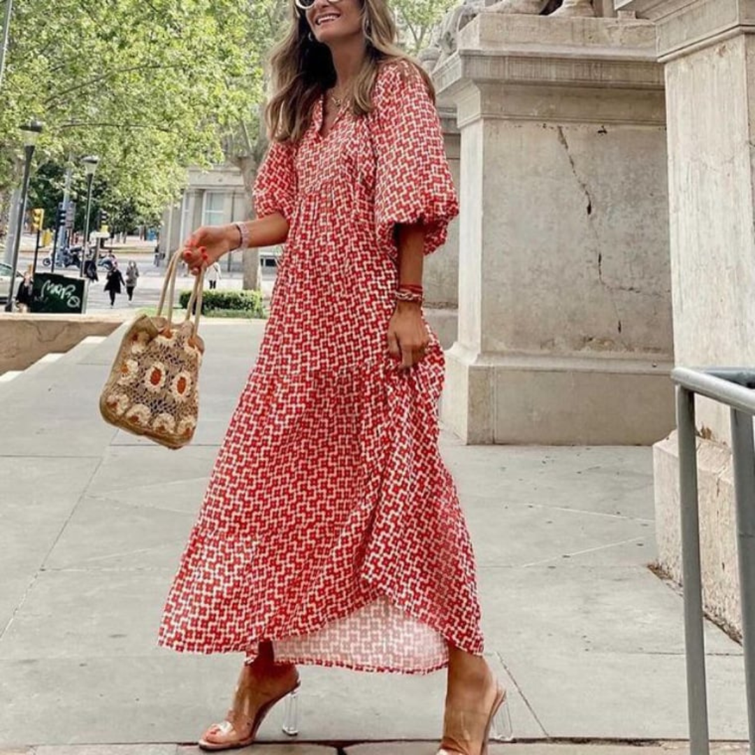 Flora - Women's Puff Sleeve Boho Printed V-Neck Maxi Dress