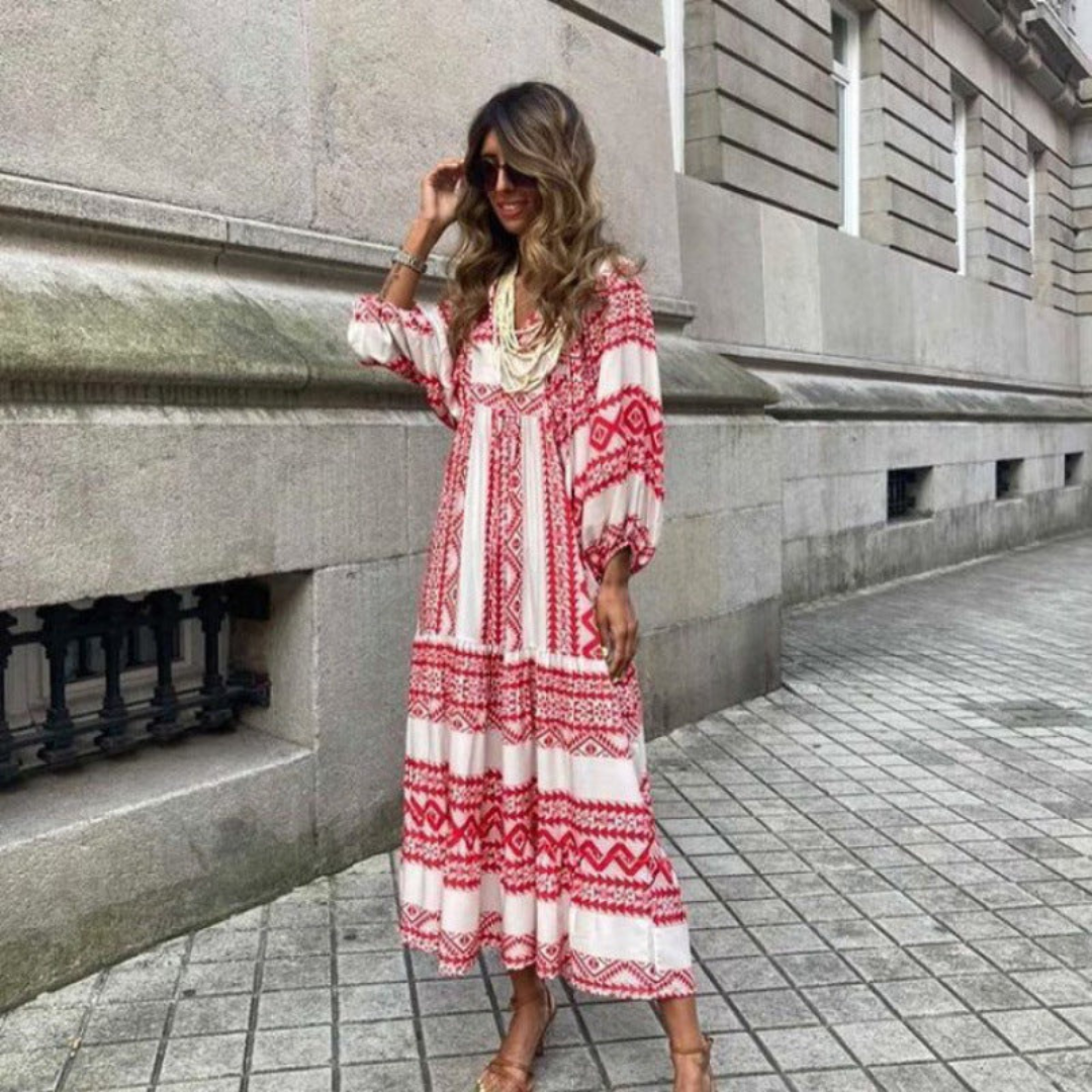 Flora - Women's Puff Sleeve Boho Printed V-Neck Maxi Dress