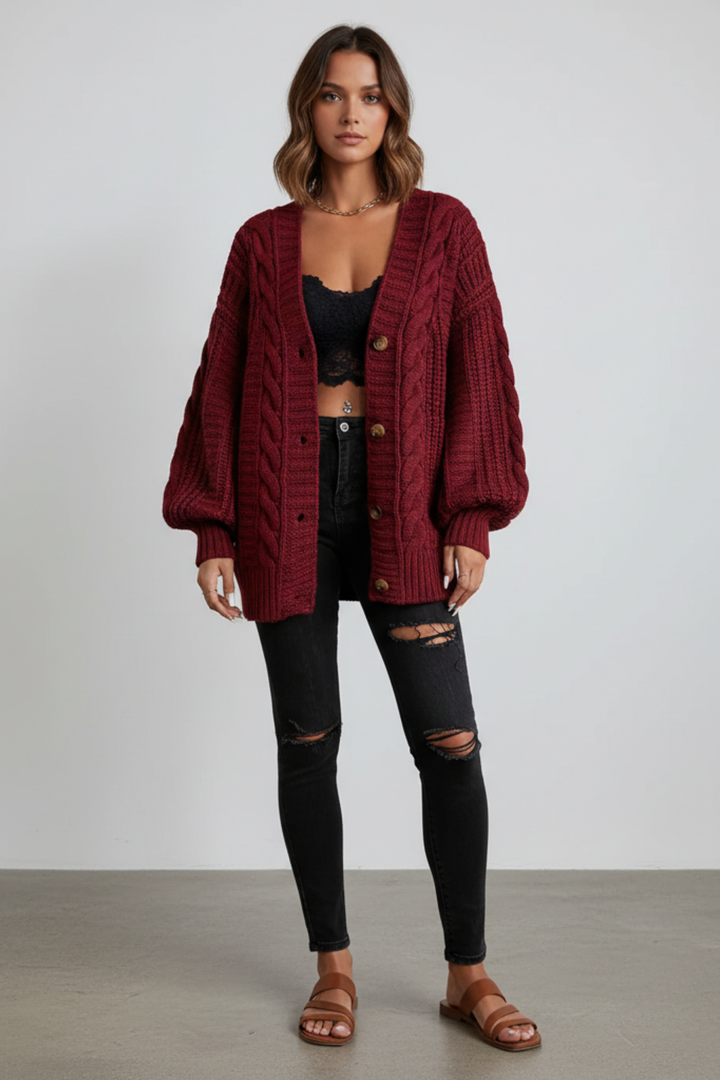 Γυναικεία oversized ζακέτα με πλέξη κοτσίδα