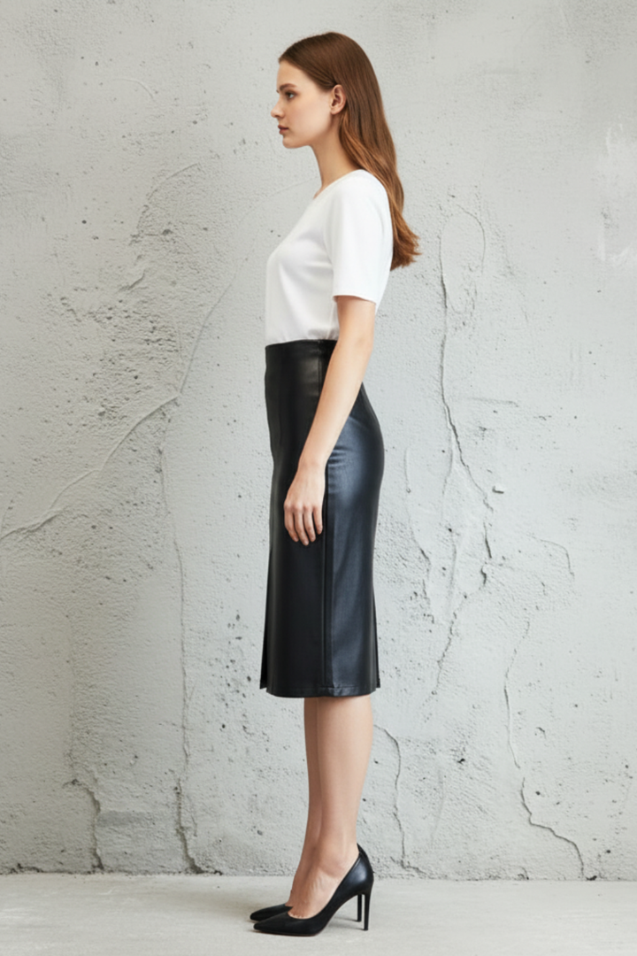 Women's Black Leather Pencil Skirt with a Fitted Cut
