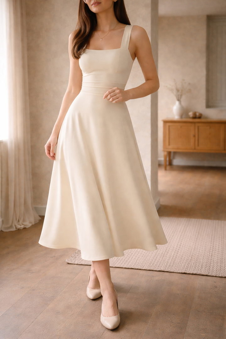 Robe midi trapèze pour femme, bretelles larges et corsage ajusté