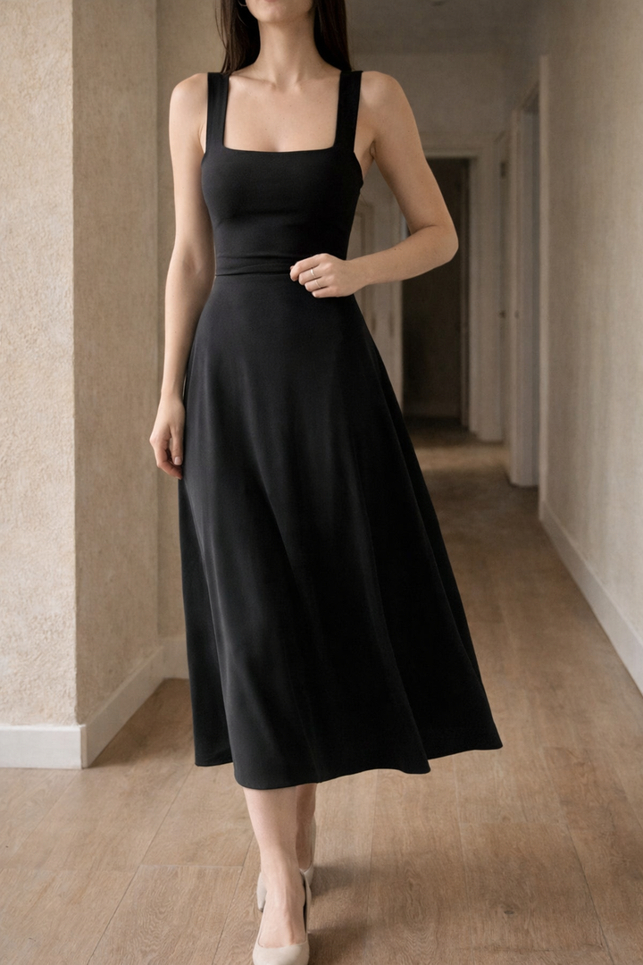 Robe midi trapèze pour femme, bretelles larges et corsage ajusté