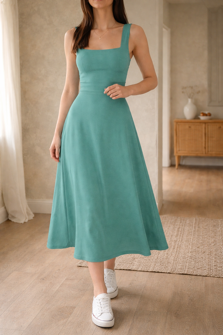 Robe midi trapèze pour femme, bretelles larges et corsage ajusté