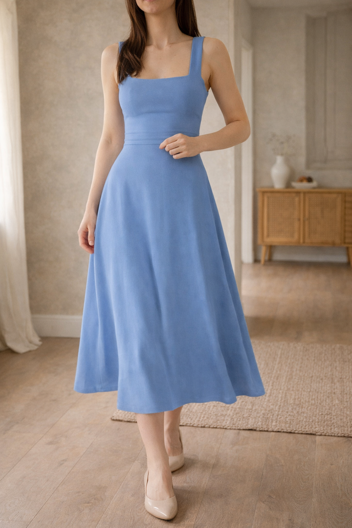 Robe midi trapèze pour femme, bretelles larges et corsage ajusté