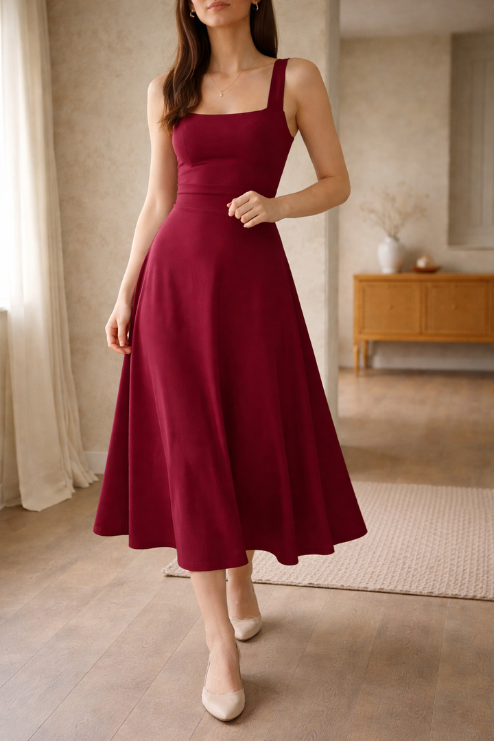 Robe midi trapèze pour femme, bretelles larges et corsage ajusté