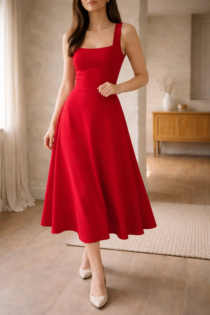 Robe midi trapèze pour femme, bretelles larges et corsage ajusté