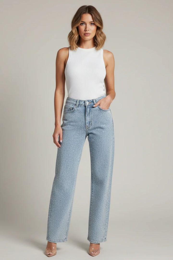 Women’s Sparkling Rhinestone Straight Leg Jeans Trendy Sparkle Denim