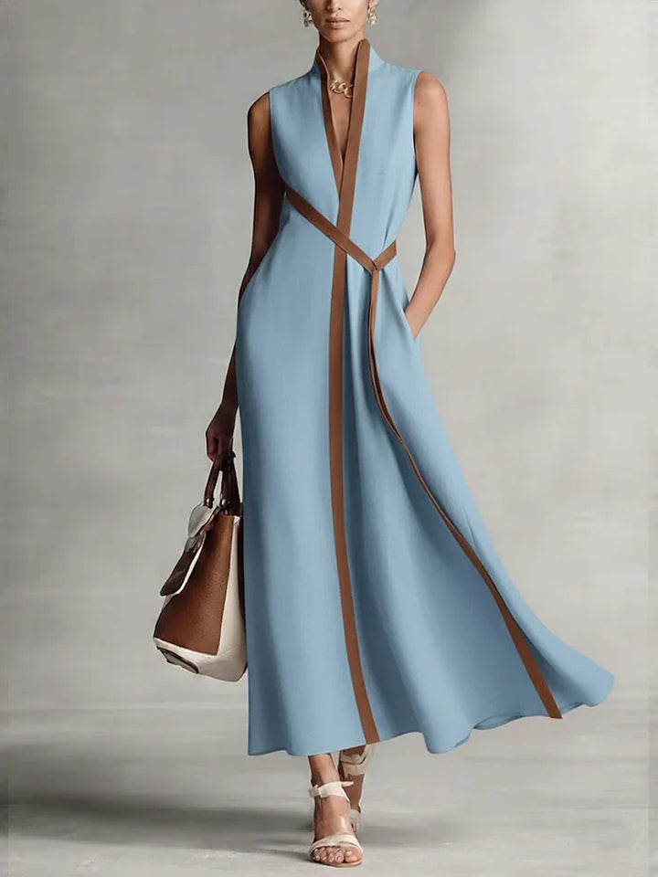 Abito midi elegante da donna, ampio, senza maniche, in cotone e lino, con collo alto, per l’estate, la spiaggia, le vacanze, il lavoro e tutti i giorni – Aurora