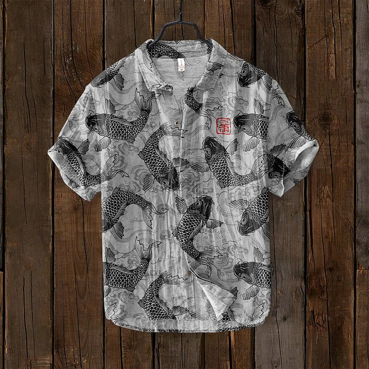 David | Stylish Fish Art Linen Shirt