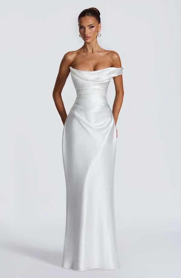 Women's Strapless Draped Maxi Dress with Lace-Up Back