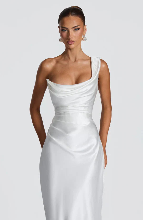 Women's Strapless Draped Maxi Dress with Lace-Up Back