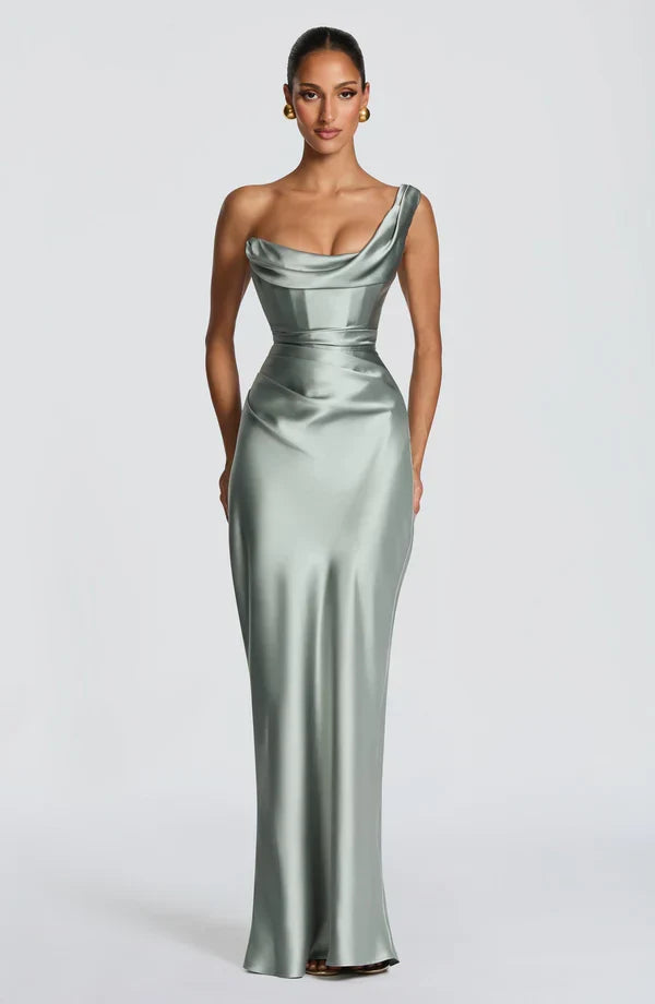 Women's Strapless Draped Maxi Dress with Lace-Up Back