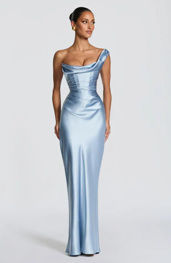 Women's Strapless Draped Maxi Dress with Lace-Up Back