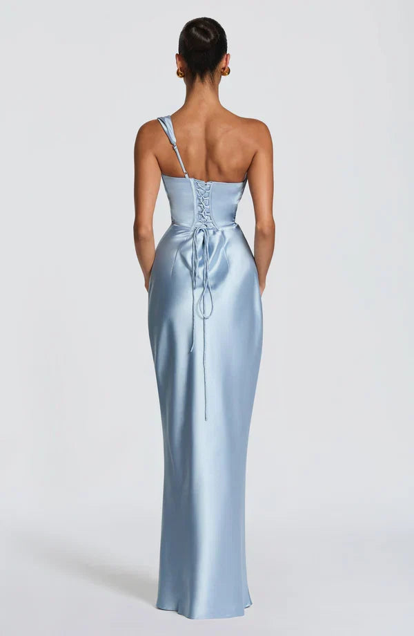 Women's Strapless Draped Maxi Dress with Lace-Up Back