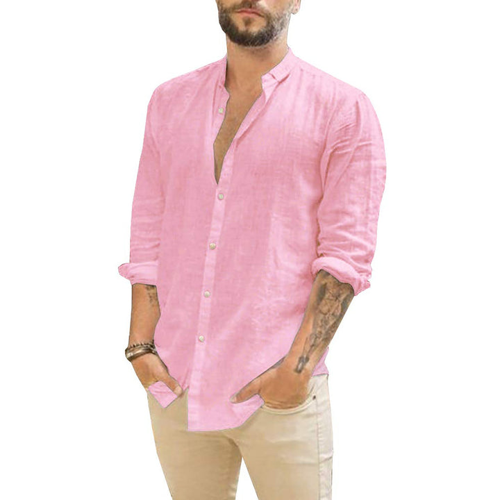 Camicia da uomo a maniche lunghe con bottoni e collo alla coreana