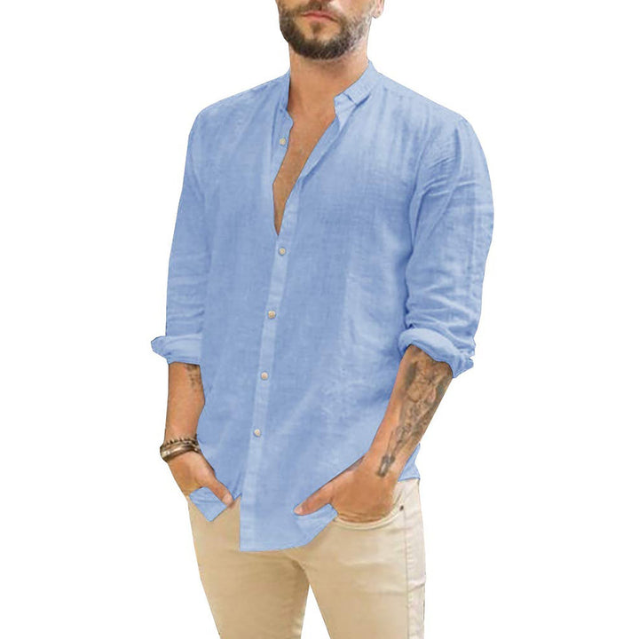 Camicia da uomo a maniche lunghe con bottoni e collo alla coreana