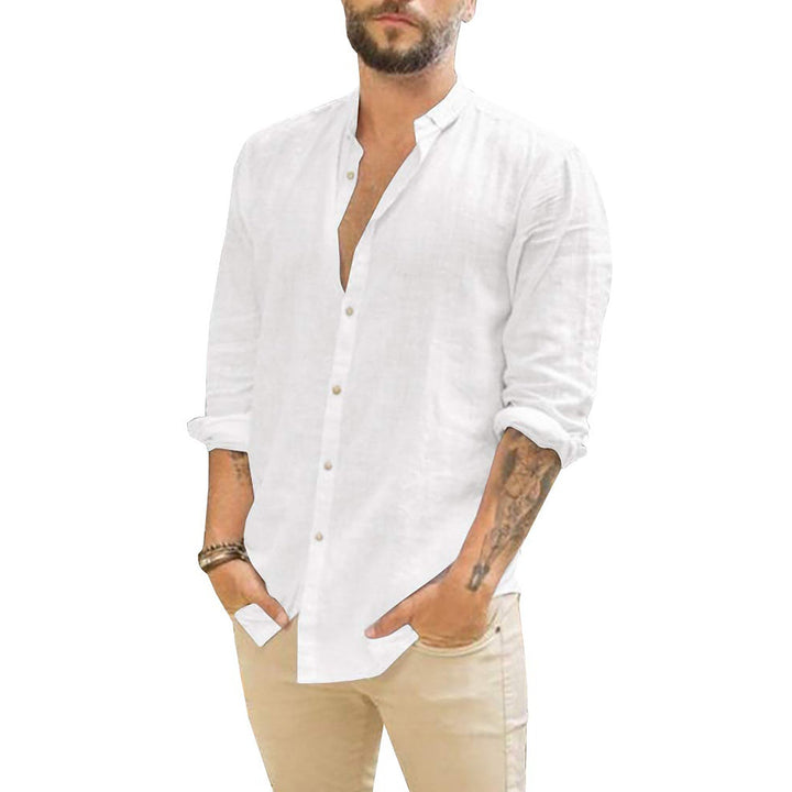 Camicia da uomo a maniche lunghe con bottoni e collo alla coreana