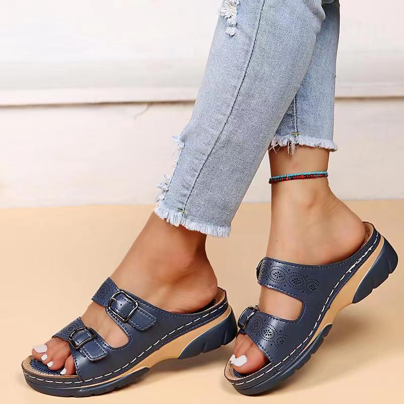 Women's Double Buckle Comfort Open Toe Slip-On Sandals