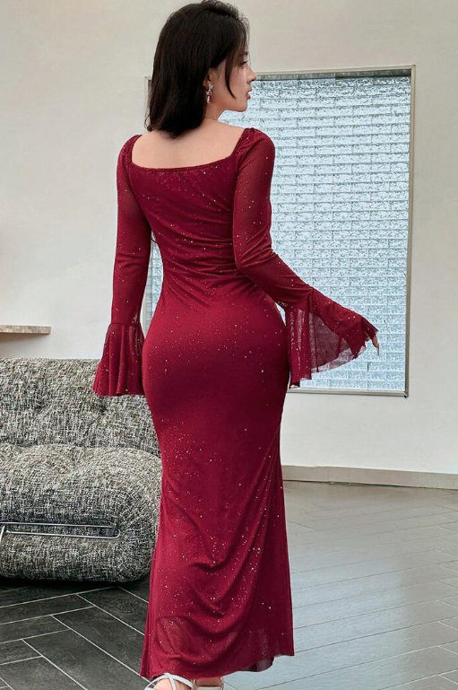 Back view of the burgundy glitter mesh maxi dress with square back neckline