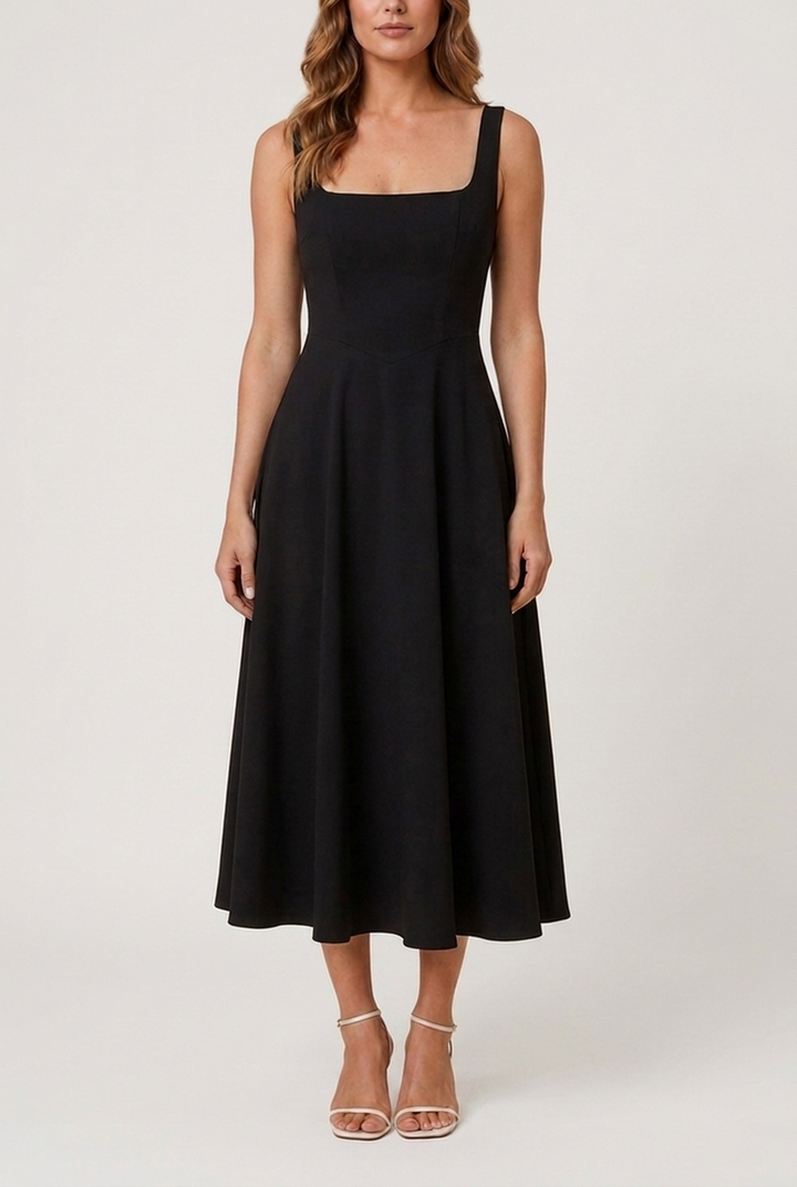 Women's A-Line Corset Midi Dress - Black