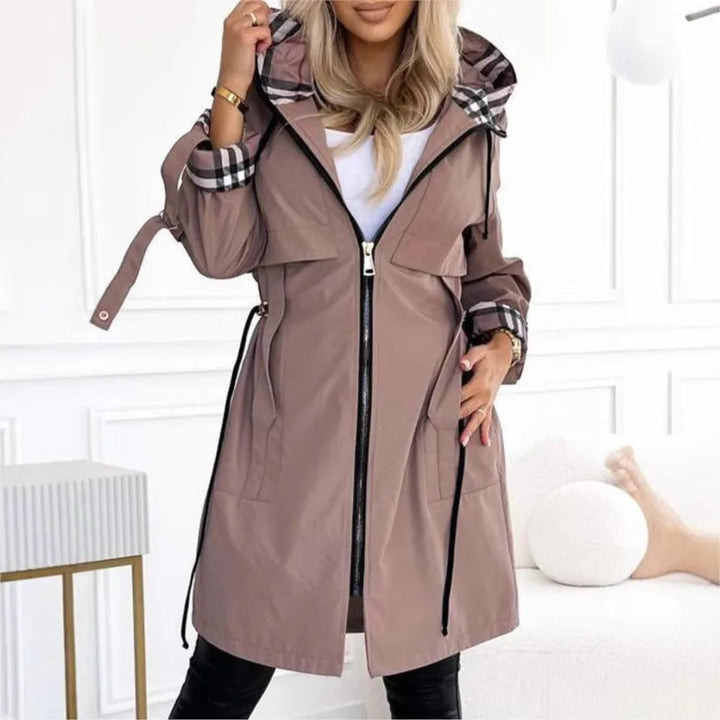 Women's hooded drawstring trench coat in Brown, front view