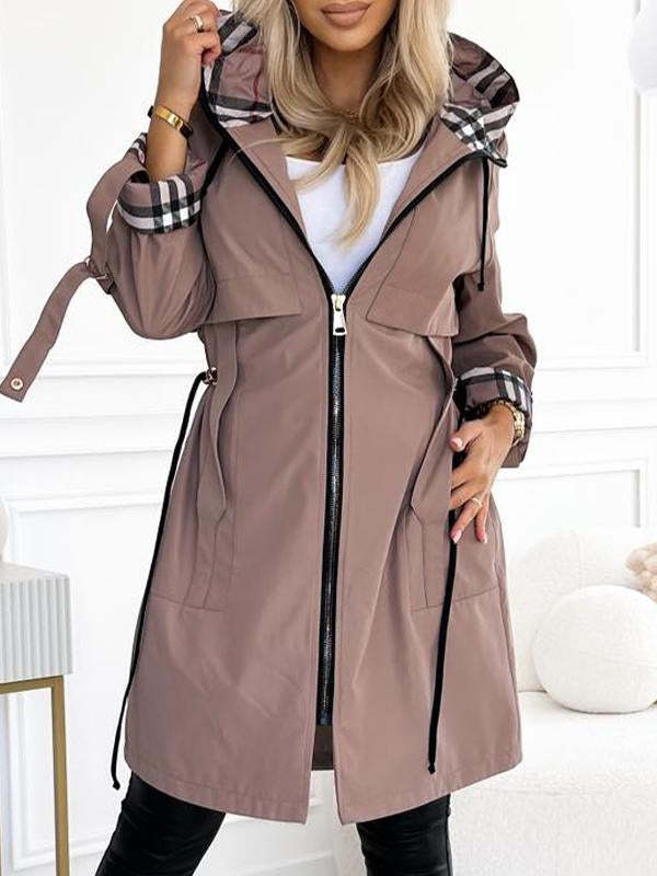 Women's hooded drawstring trench coat in Brown, worn
