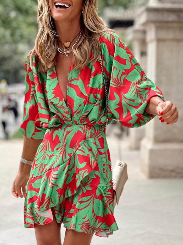 Kathleen - Women's Tropical Print Mini Dress with Deep V-Neck and Puff Sleeves